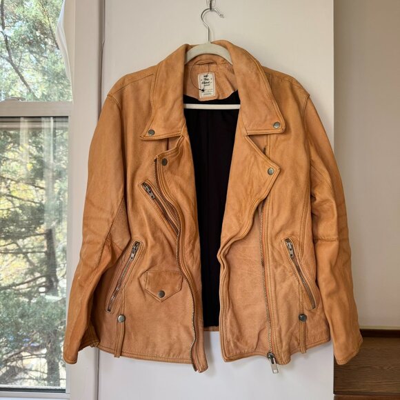 New Free People Jealousy Leather Moto Jacket We The Free Camel Brown Small - Picture 1 of 12